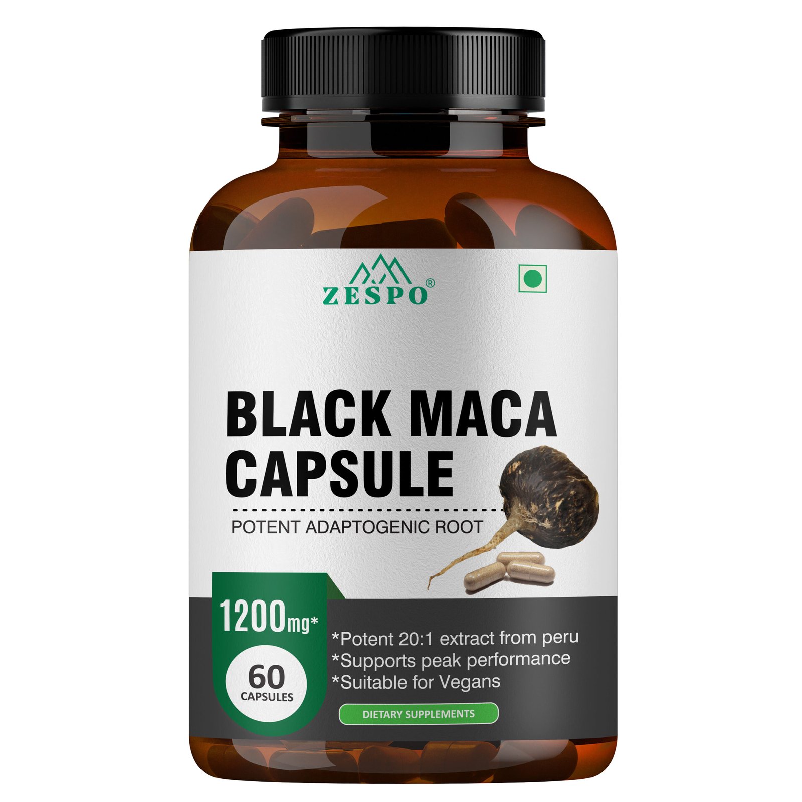 Black Maca 60 Capsules Peruvian Root Supplement