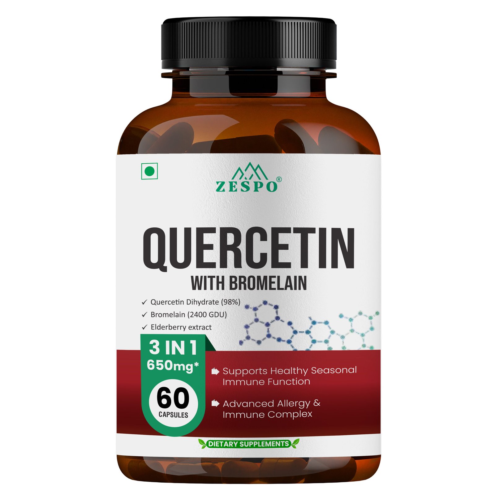 Quercetin 3 in 1 Complex 650mg 60 Veg Capsules