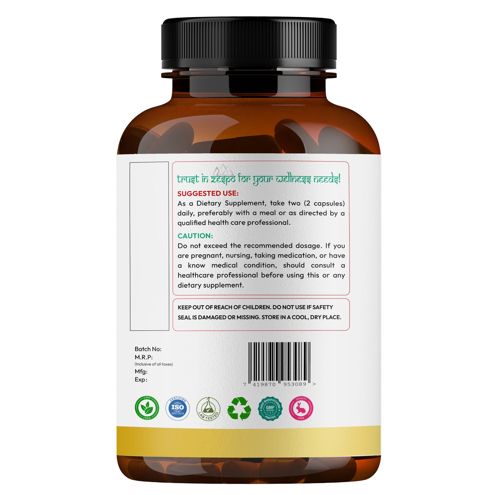 Zespo Berberine 1200mg Supplement Bottle Zespo Berberine 1200mg 120 Capsules Bottle Front View