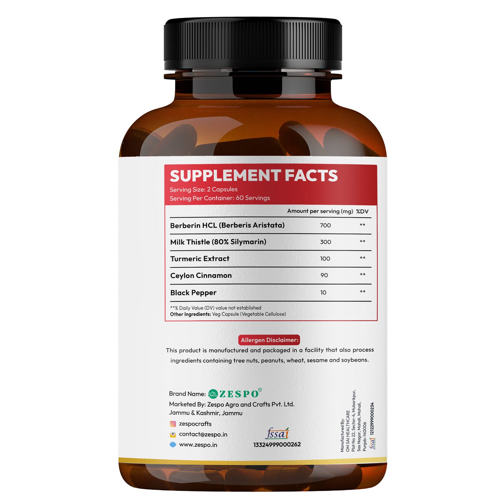 Zespo Berberine 1200mg Supplement Bottle Zespo Berberine 1200mg 120 Capsules Bottle Front View