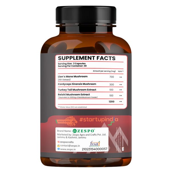 Zespo Lion’s Mane Mushroom Brain Booster with Lion’s Mane, Cordyceps, Reishi, and Turkey Tail – 1200mg per serving, vegetarian capsules bottle