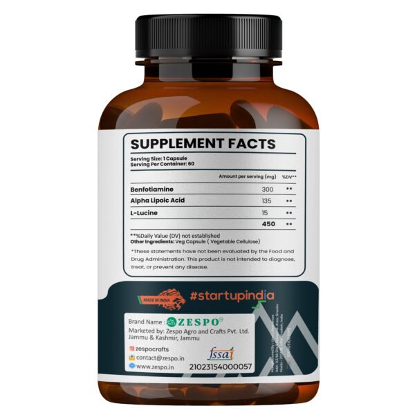 Zespo Benfotiamine Supplement 3-in-1 Formula with Benfotiamine, Alpha Lipoic Acid, and L-Leucine – 450mg per serving, 60 capsules